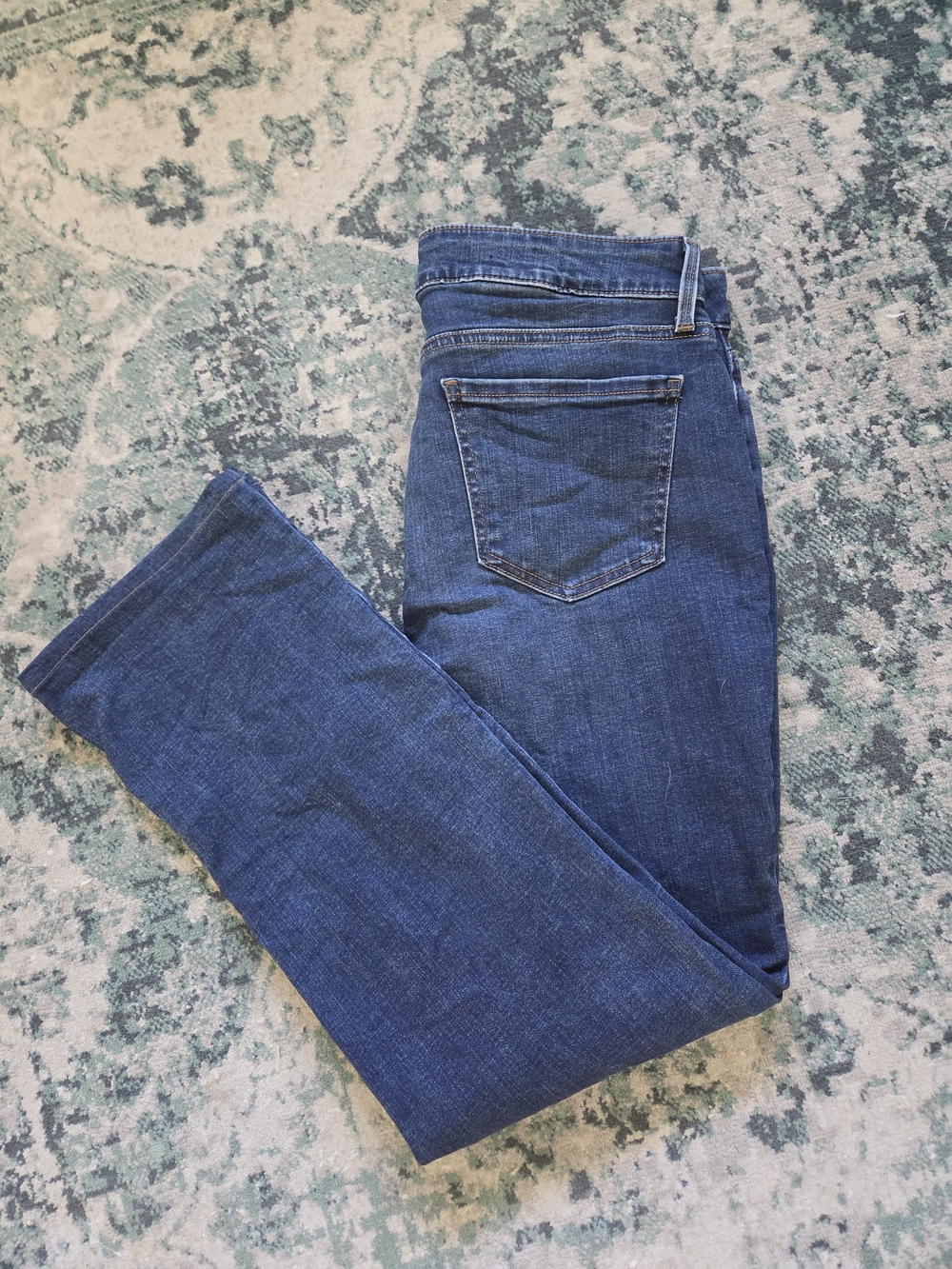 NYDJ Women’s Straight Leg Jeans in Dark Blue with Tan Stitching - Picture 2 of 5